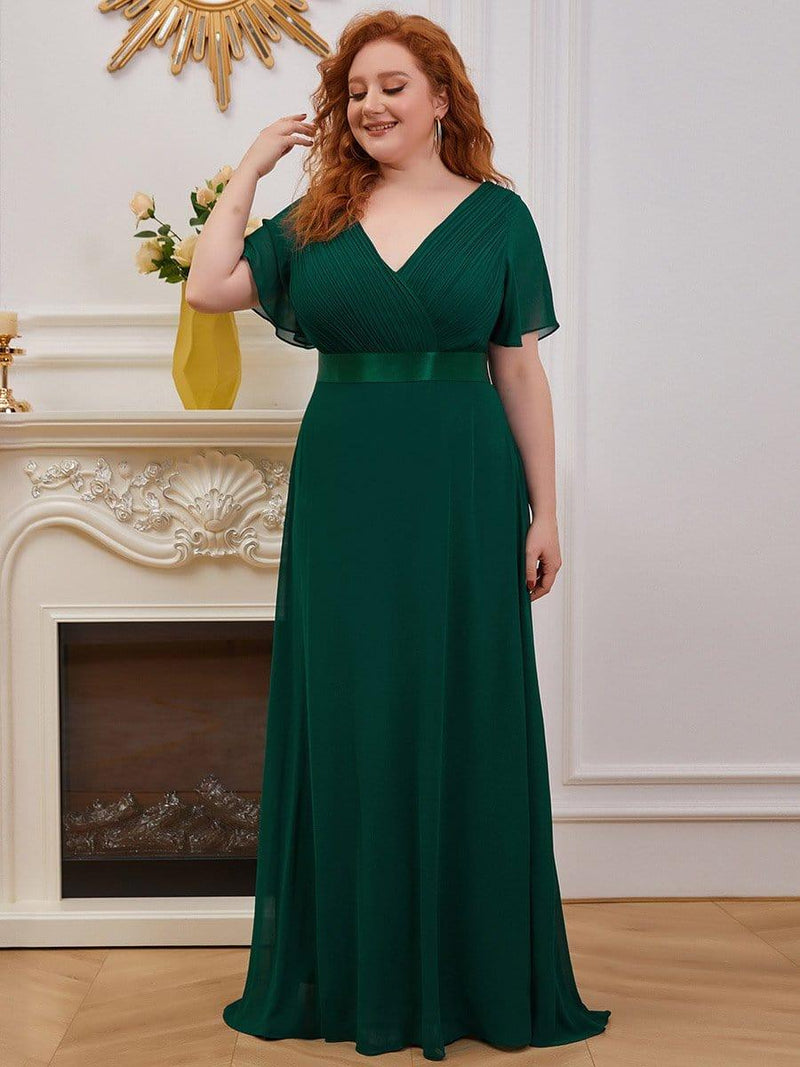 ever MONICA|Long Chiffon Empire Waist Bridesmaid Dress with Short Flutter Sleeves