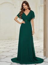 ever MONICA|Long Chiffon Empire Waist Bridesmaid Dress with Short Flutter Sleeves