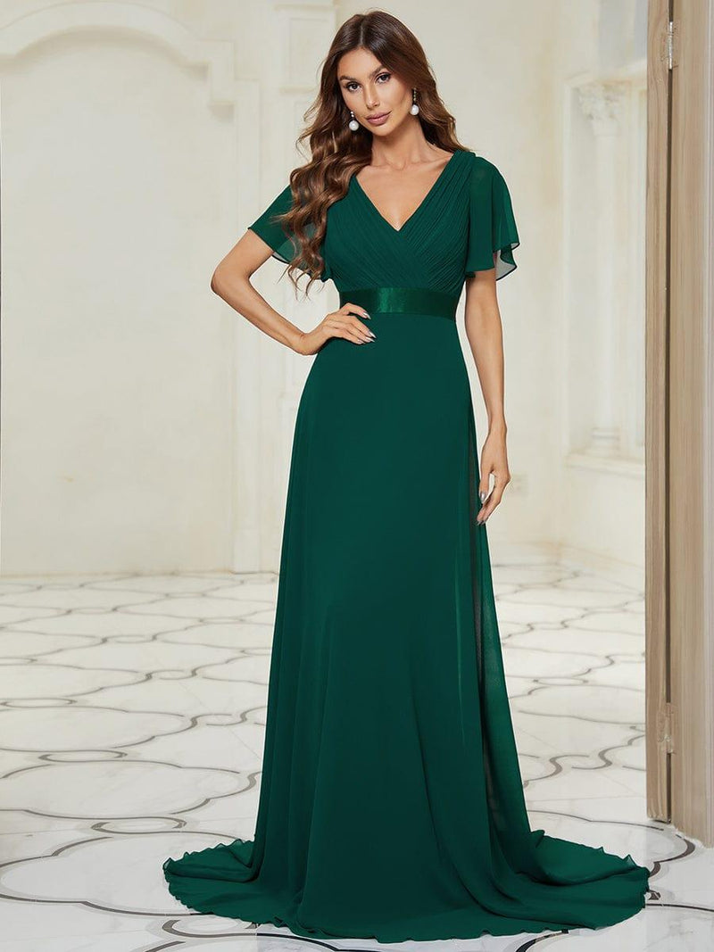 ever MONICA|Long Chiffon Empire Waist Bridesmaid Dress with Short Flutter Sleeves