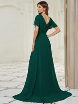 ever MONICA|Long Chiffon Empire Waist Bridesmaid Dress with Short Flutter Sleeves