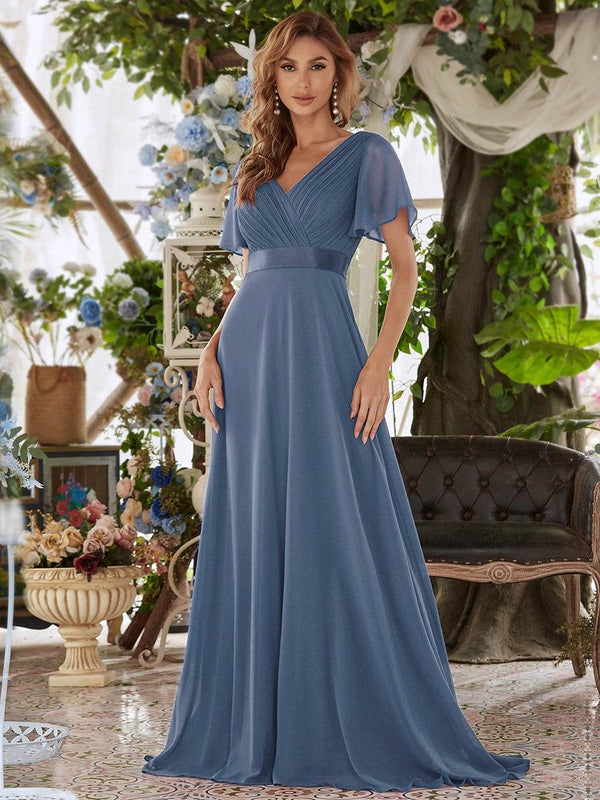 ever MONICA|Long Chiffon Empire Waist Bridesmaid Dress with Short Flutter Sleeves
