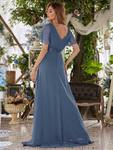 ever MONICA|Long Chiffon Empire Waist Bridesmaid Dress with Short Flutter Sleeves