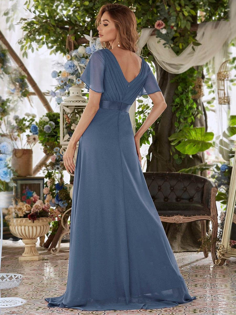 ever MONICA|Long Chiffon Empire Waist Bridesmaid Dress with Short Flutter Sleeves