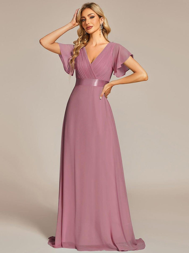 ever MONICA|Long Empire Waist Bridesmaid Dress with Short Flutter Sleeves