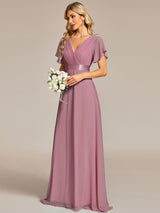 ever MONICA|Long Empire Waist Bridesmaid Dress with Short Flutter Sleeves
