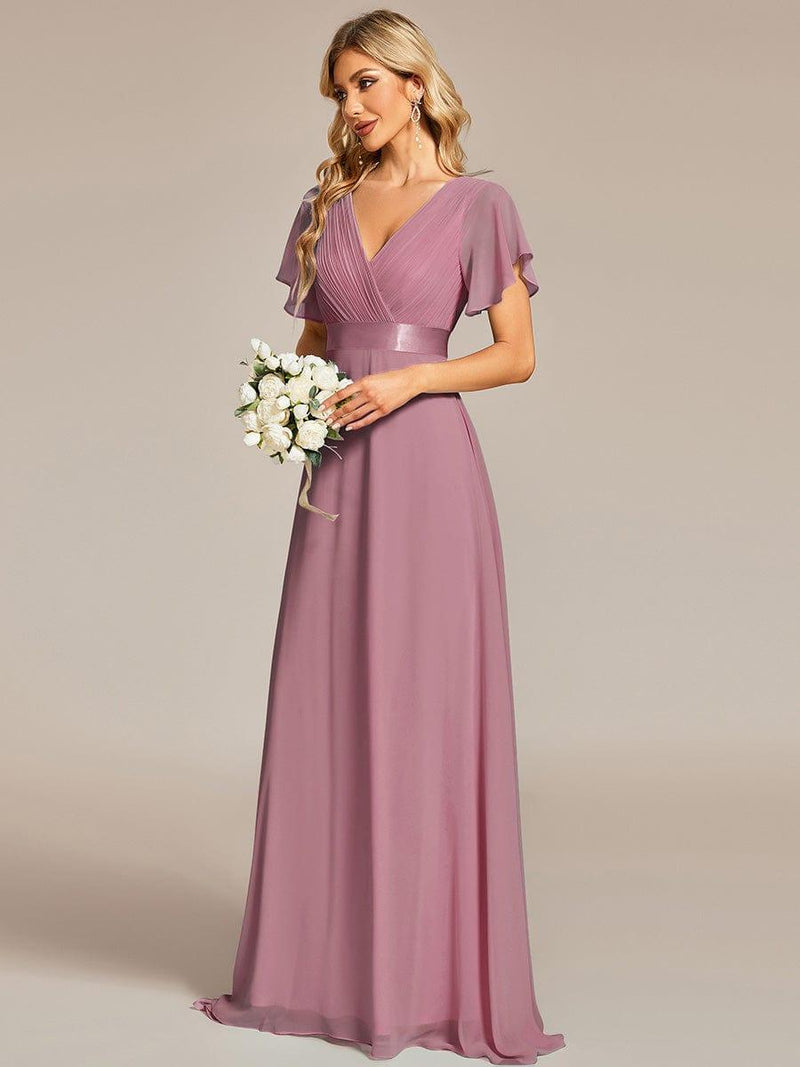 ever MONICA|Long Empire Waist Bridesmaid Dress with Short Flutter Sleeves