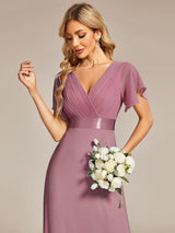 ever MONICA|Long Empire Waist Bridesmaid Dress with Short Flutter Sleeves