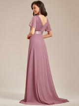 ever MONICA|Long Empire Waist Bridesmaid Dress with Short Flutter Sleeves