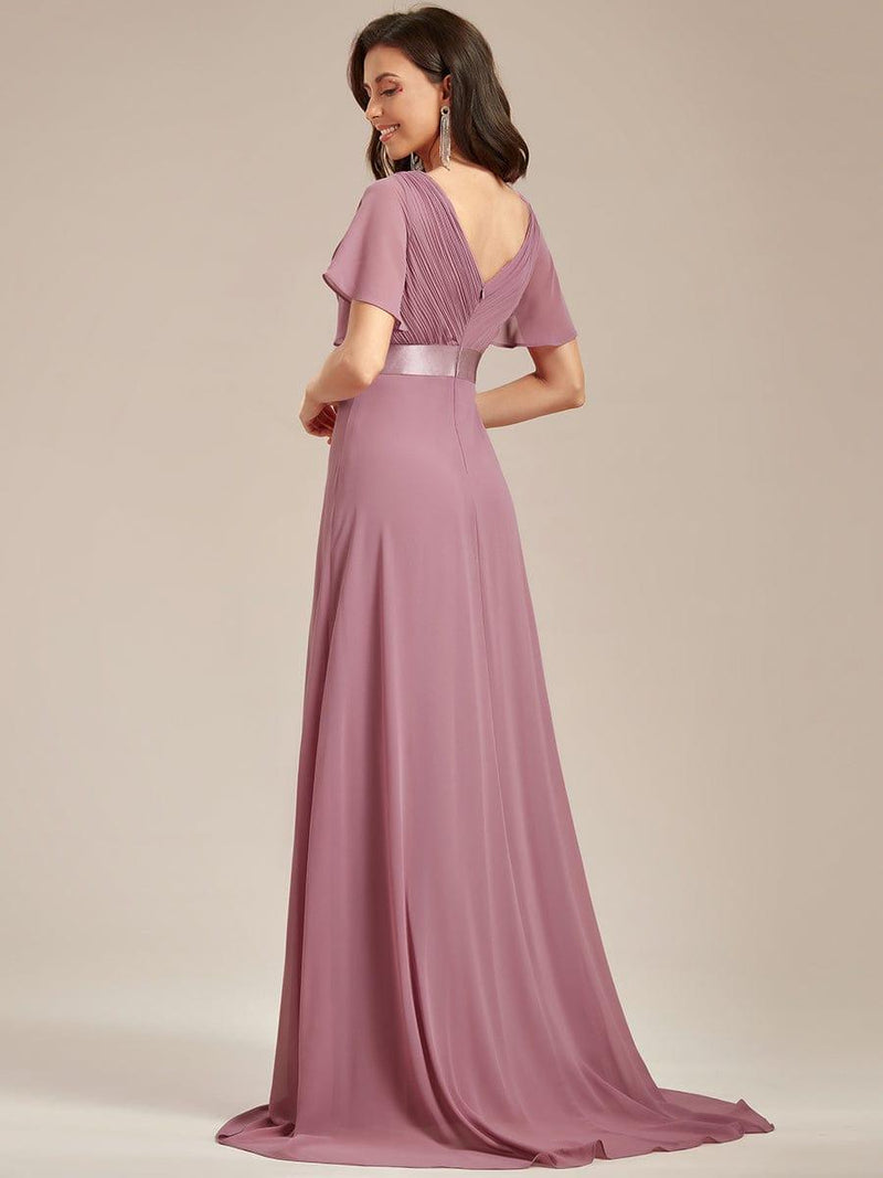 ever MONICA|Long Empire Waist Bridesmaid Dress with Short Flutter Sleeves