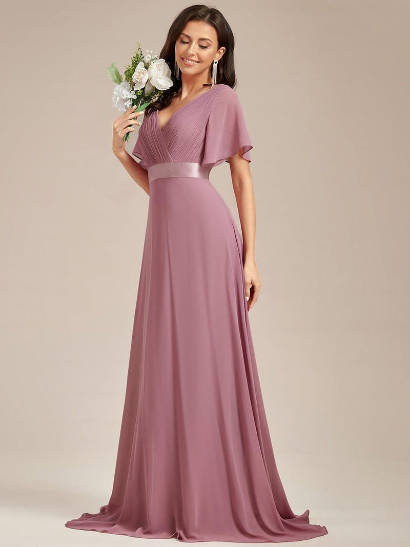 ever MONICA|Long Empire Waist Bridesmaid Dress with Short Flutter Sleeves
