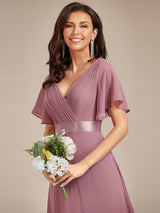 ever MONICA|Long Empire Waist Bridesmaid Dress with Short Flutter Sleeves