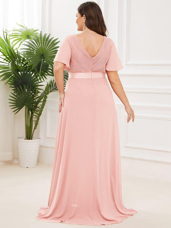pretty MONICA|Plus Size Empire Waist V Back Bridesmaid Dress with Short Sleeves