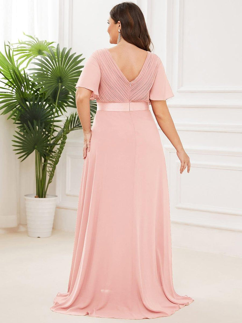 pretty MONICA|Plus Size Empire Waist V Back Bridesmaid Dress with Short Sleeves