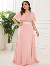 pretty MONICA|Plus Size Empire Waist V Back Bridesmaid Dress with Short Sleeves