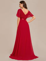 ever MONICA|Long Empire Waist Bridesmaid Dress with Short Flutter Sleeves