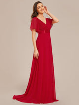 ever MONICA|Long Empire Waist Bridesmaid Dress with Short Flutter Sleeves