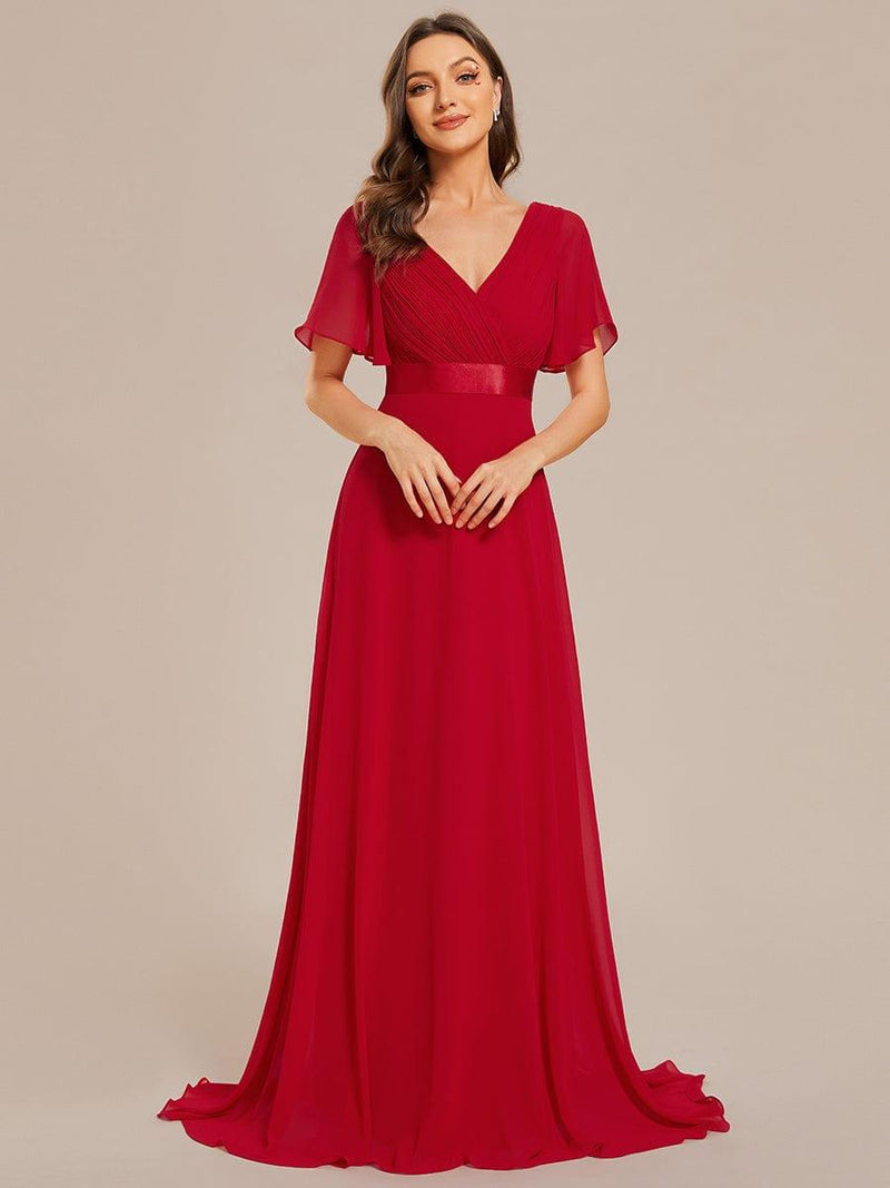 ever MONICA|Long Empire Waist Bridesmaid Dress with Short Flutter Sleeves