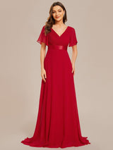 ever MONICA|Long Empire Waist Bridesmaid Dress with Short Flutter Sleeves
