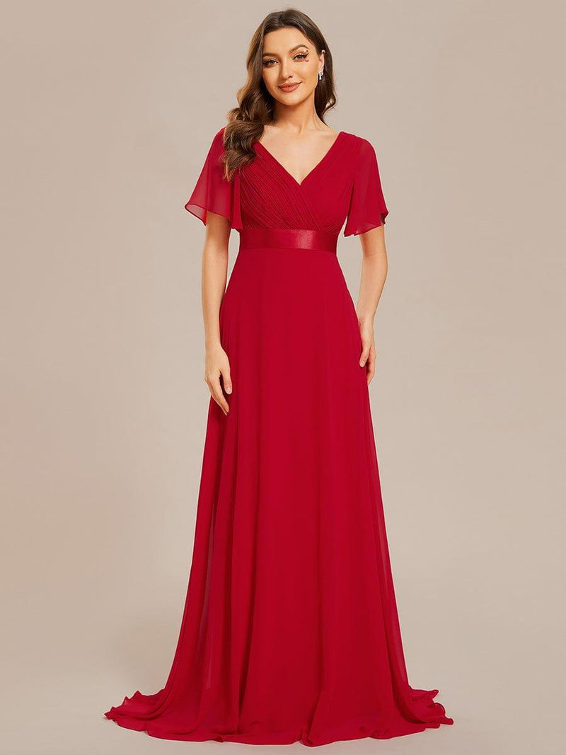 ever MONICA|Long Empire Waist Bridesmaid Dress with Short Flutter Sleeves