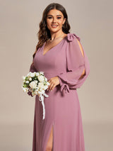 ever IVORY|Open Lantern Sleeve A-Line Bridesmaid Dress