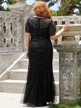 ever JADEN|Floral Sequin Maxi Fishtail Tulle Formal Evening Dress with Short Sleeve