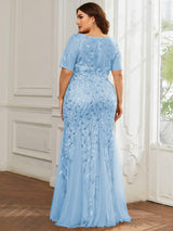 pretty JADEN|Floral Sequin Print Plus Size Mermaid Tulle Evening Dress