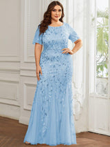 pretty JADEN|Floral Sequin Print Plus Size Mermaid Tulle Evening Dress