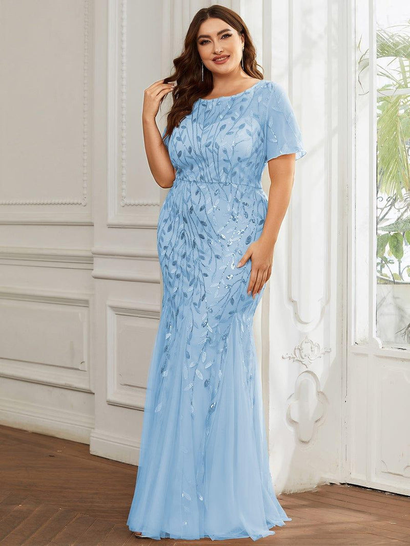 pretty JADEN|Floral Sequin Print Plus Size Mermaid Tulle Evening Dress