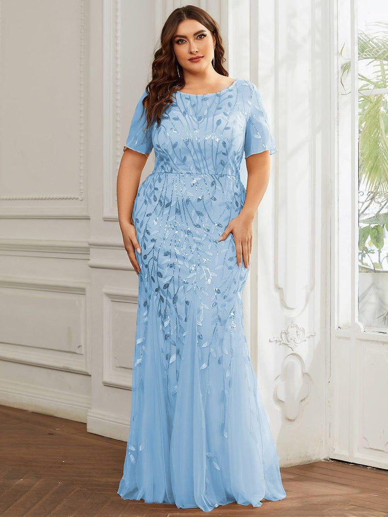 pretty JADEN|Floral Sequin Print Plus Size Mermaid Tulle Evening Dress