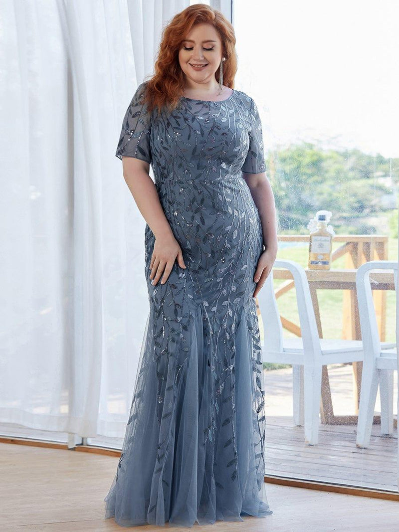 ever JADEN|Floral Sequin Maxi Fishtail Tulle Formal Evening Dress with Short Sleeve