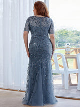 ever JADEN|Floral Sequin Maxi Fishtail Tulle Formal Evening Dress with Short Sleeve