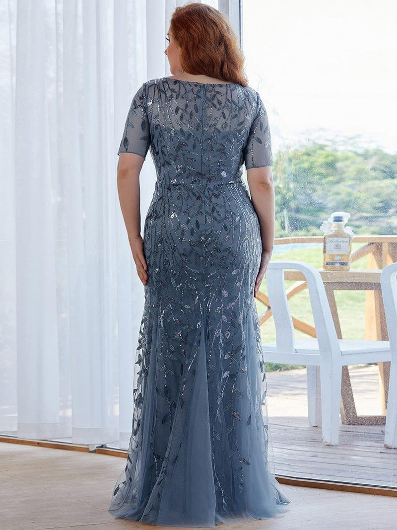 ever JADEN|Floral Sequin Maxi Fishtail Tulle Formal Evening Dress with Short Sleeve