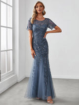 ever JADEN|Floral Sequin Maxi Fishtail Tulle Formal Evening Dress with Short Sleeve
