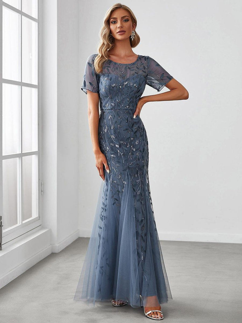 ever JADEN|Floral Sequin Maxi Fishtail Tulle Formal Evening Dress with Short Sleeve