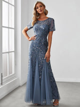 ever JADEN|Floral Sequin Maxi Fishtail Tulle Formal Evening Dress with Short Sleeve