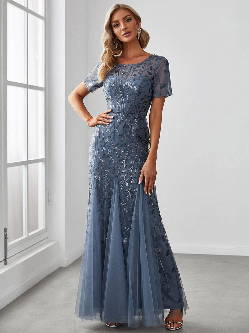 ever JADEN|Floral Sequin Maxi Fishtail Tulle Formal Evening Dress with Short Sleeve