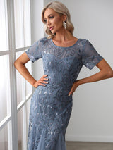 ever JADEN|Floral Sequin Maxi Fishtail Tulle Formal Evening Dress with Short Sleeve