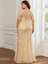 ever JADEN|Floral Sequin Maxi Fishtail Tulle Formal Evening Dress with Short Sleeve