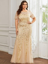 ever JADEN|Floral Sequin Maxi Fishtail Tulle Formal Evening Dress with Short Sleeve