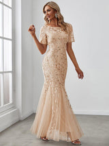 ever JADEN|Floral Sequin Maxi Fishtail Tulle Formal Evening Dress with Short Sleeve