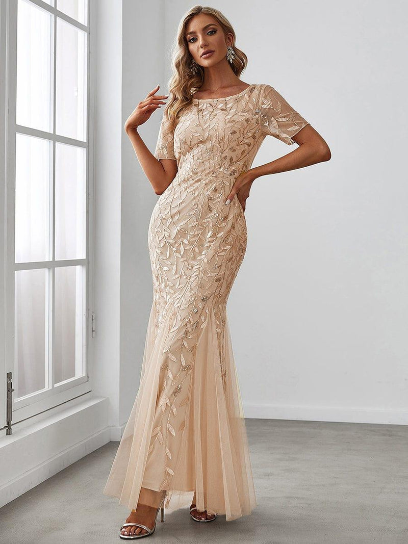 ever JADEN|Floral Sequin Maxi Fishtail Tulle Formal Evening Dress with Short Sleeve