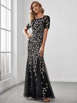 ever JADEN|Floral Sequin Maxi Fishtail Tulle Formal Evening Dress with Short Sleeve