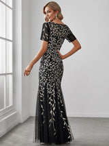 ever JADEN|Floral Sequin Maxi Fishtail Tulle Formal Evening Dress with Short Sleeve