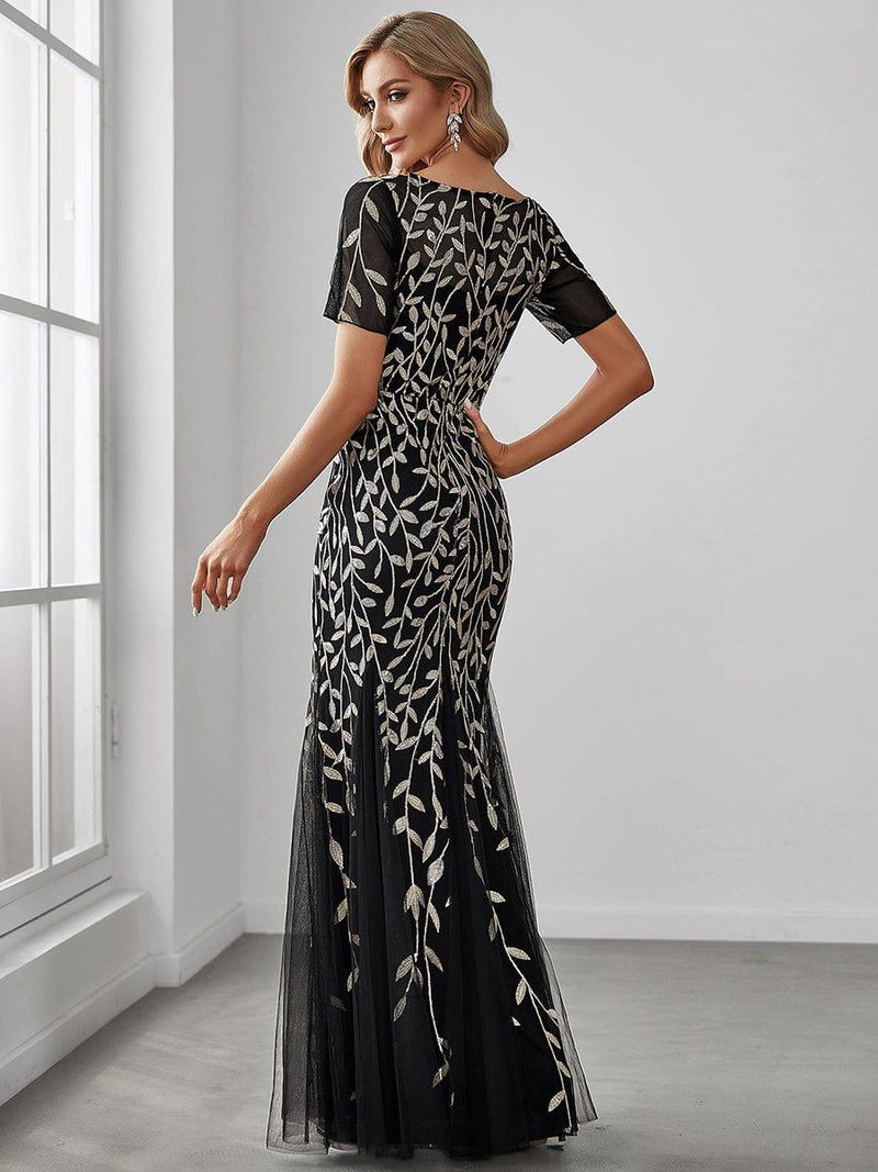 ever JADEN|Floral Sequin Maxi Fishtail Tulle Formal Evening Dress with Short Sleeve