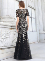 ever JADEN|Floral Sequin Maxi Fishtail Tulle Formal Evening Dress with Short Sleeve