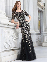 ever JADEN|Floral Sequin Maxi Fishtail Tulle Formal Evening Dress with Short Sleeve
