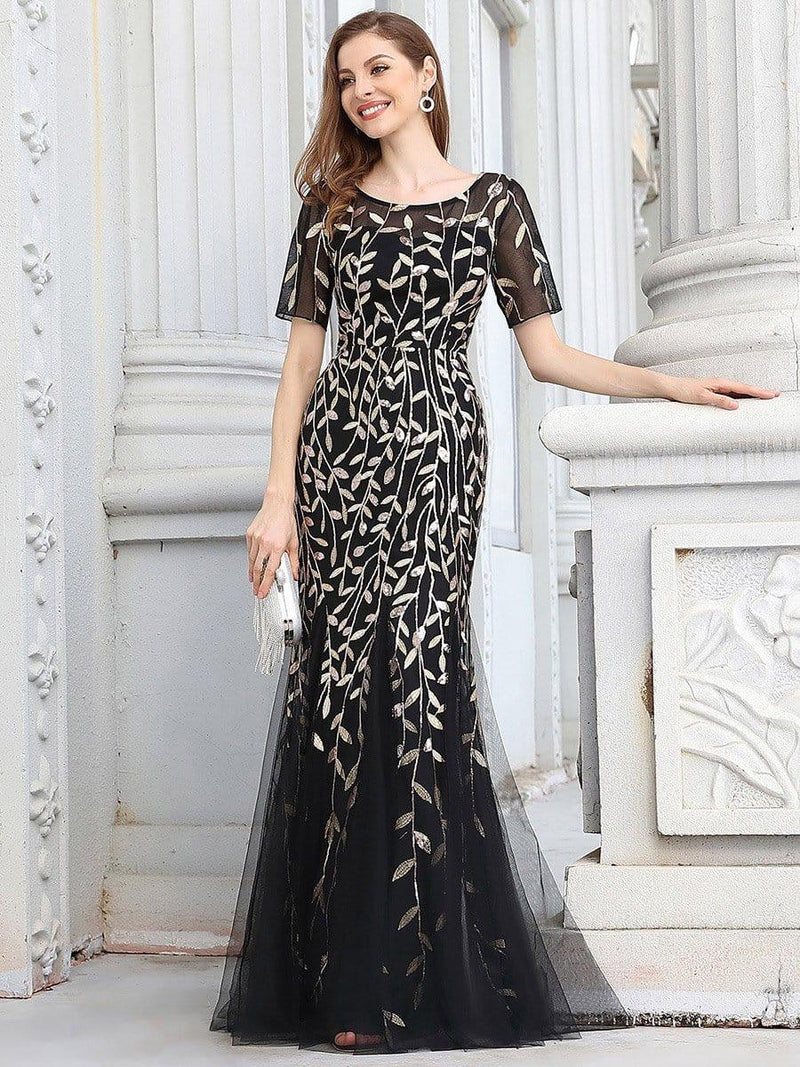 ever JADEN|Floral Sequin Maxi Fishtail Tulle Formal Evening Dress with Short Sleeve