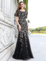ever JADEN|Floral Sequin Maxi Fishtail Tulle Formal Evening Dress with Short Sleeve