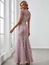 ever JADEN|Floral Sequin Maxi Fishtail Tulle Formal Evening Dress with Short Sleeve