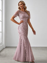 ever JADEN|Floral Sequin Maxi Fishtail Tulle Formal Evening Dress with Short Sleeve